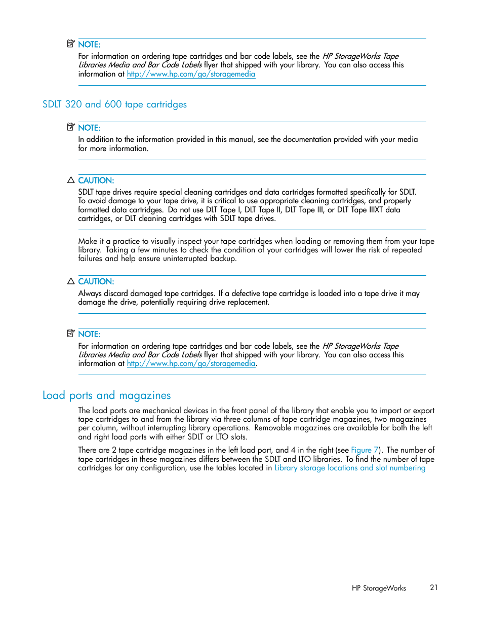 Load ports and magazines, Sdlt 320 and 600 tape cartridges | HP ESL E-series Tape Libraries User Manual | Page 21 / 141