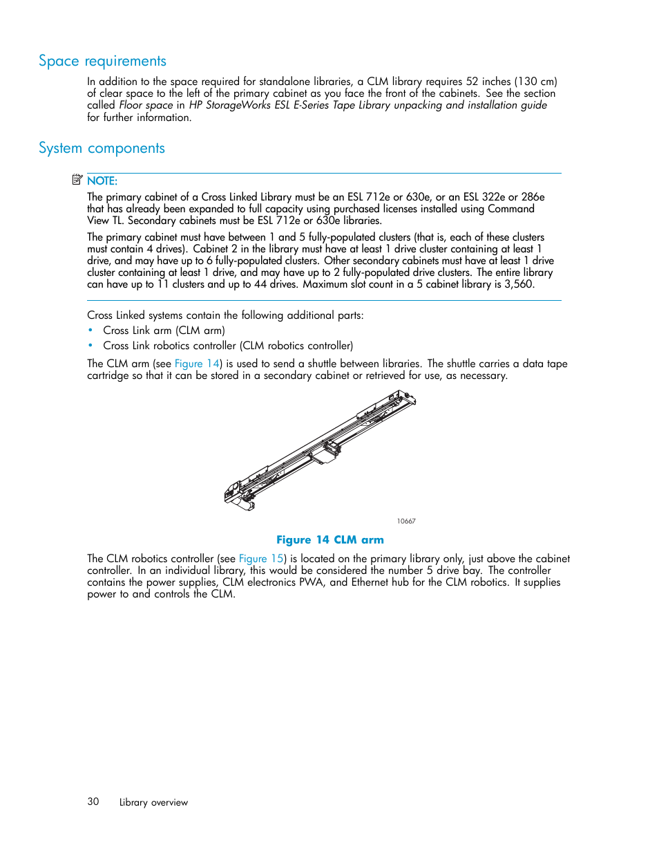 Space requirements, System components, 14 clm arm | HP ESL E-series Tape Libraries User Manual | Page 30 / 141