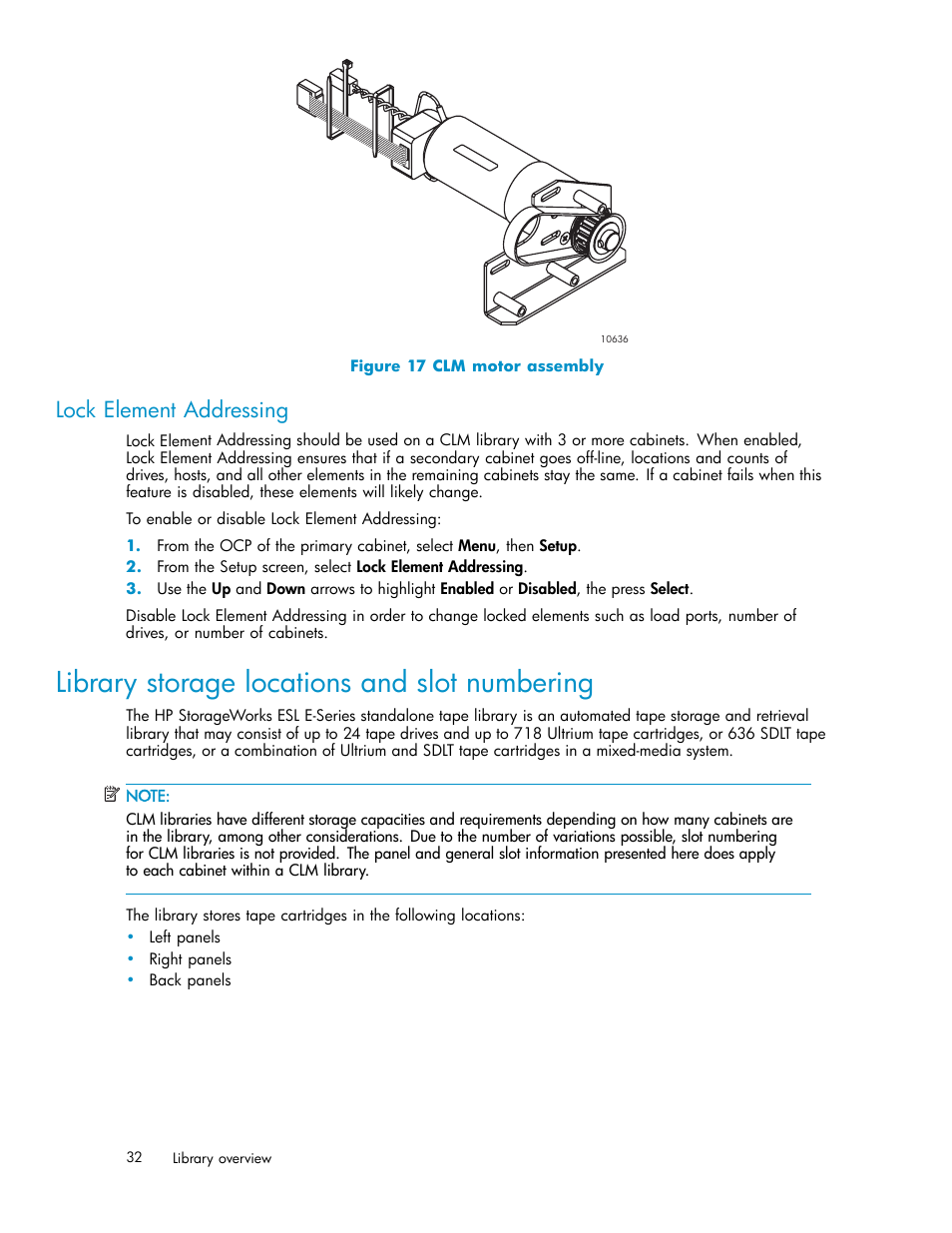 Lock element addressing, Library storage locations and slot numbering, 17 clm motor assembly | HP ESL E-series Tape Libraries User Manual | Page 32 / 141