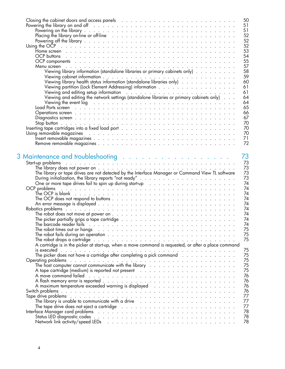 3 maintenance and troubleshooting | HP ESL E-series Tape Libraries User Manual | Page 4 / 141