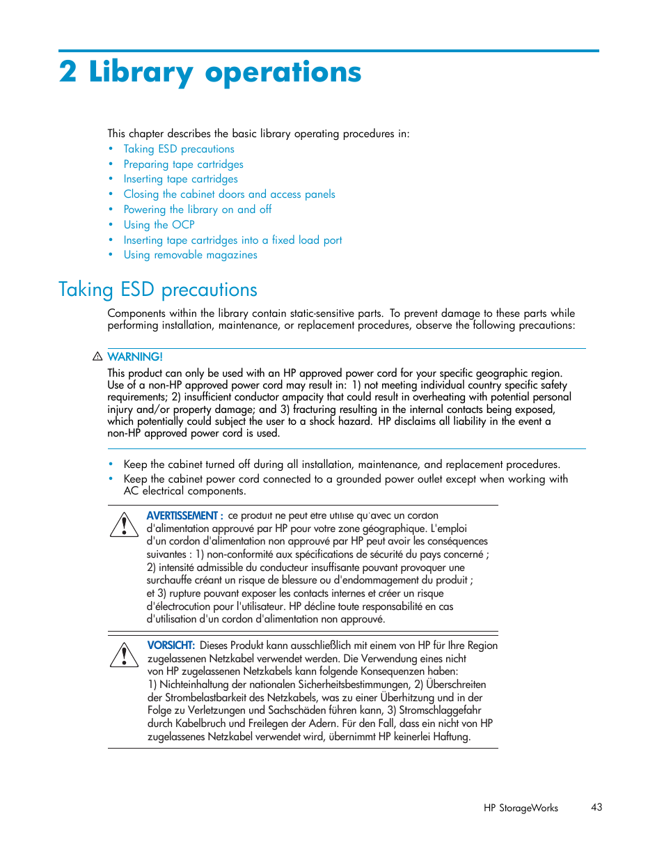 2 library operations, Taking esd precautions | HP ESL E-series Tape Libraries User Manual | Page 43 / 141