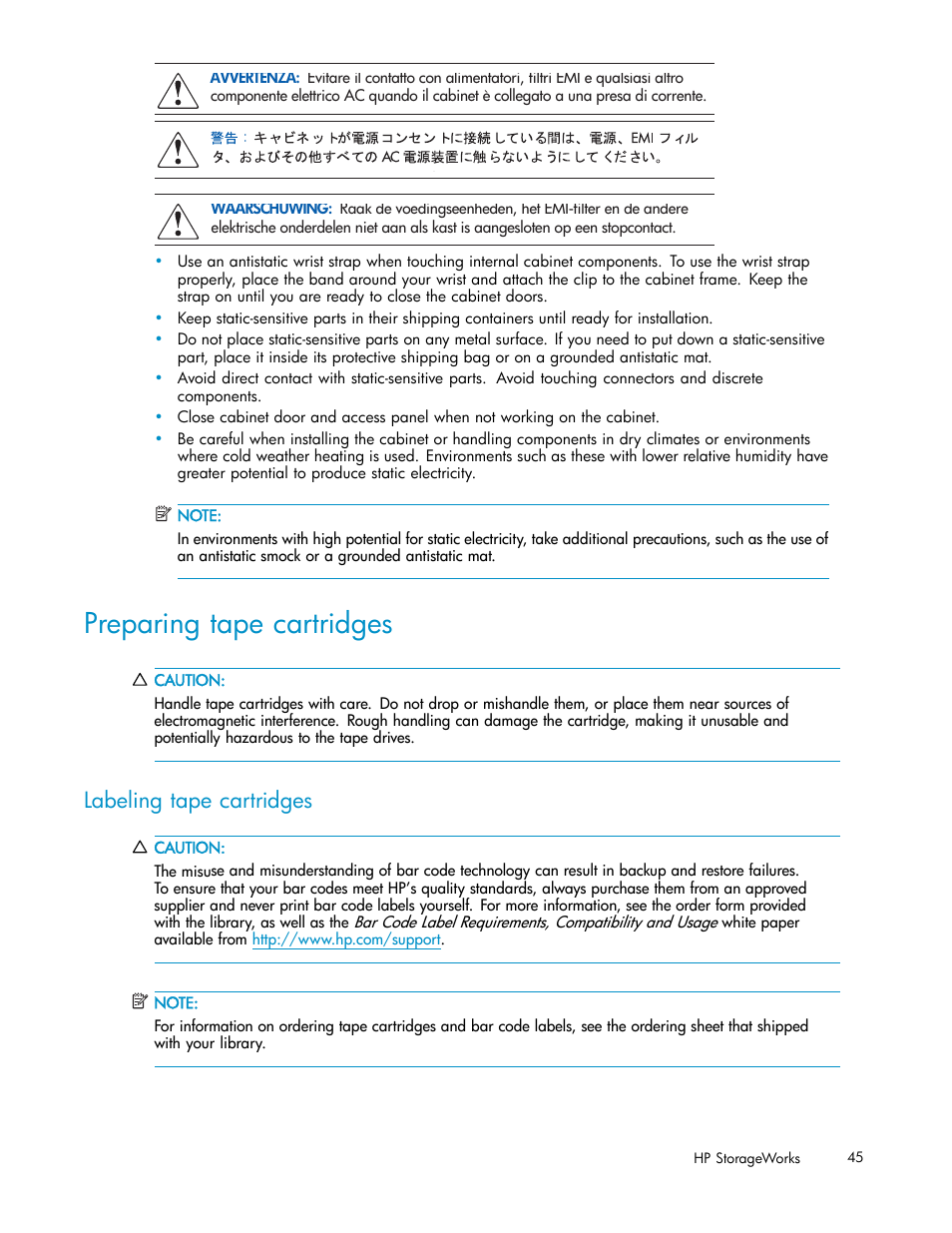 Preparing tape cartridges, Labeling tape cartridges | HP ESL E-series Tape Libraries User Manual | Page 45 / 141