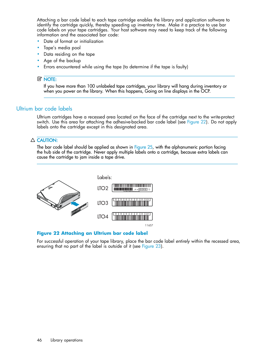 Ultrium bar code labels, 22 attaching an ultrium bar code label | HP ESL E-series Tape Libraries User Manual | Page 46 / 141