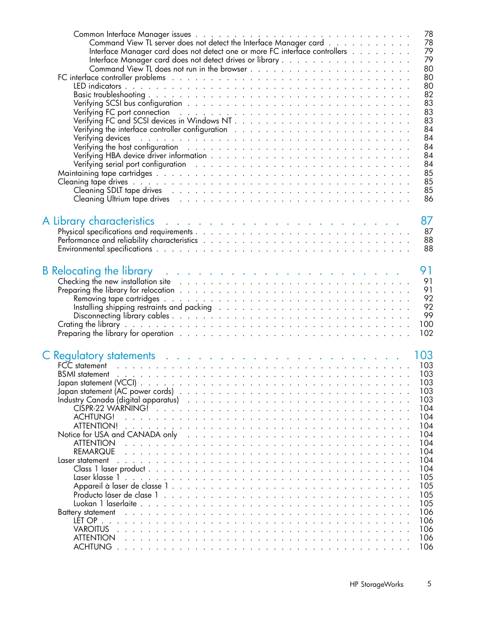 A library characteristics, B relocating the library, C regulatory statements | HP ESL E-series Tape Libraries User Manual | Page 5 / 141