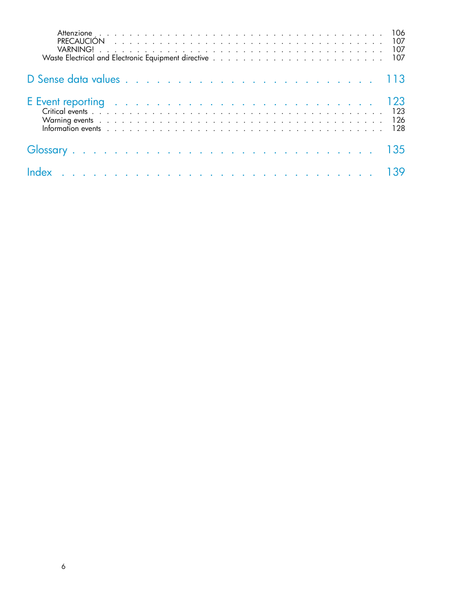 D sense data values e event reporting, Glossary index | HP ESL E-series Tape Libraries User Manual | Page 6 / 141