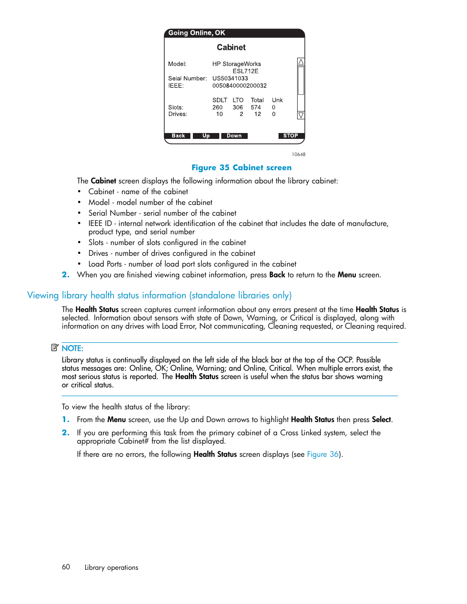 35 cabinet screen, Only) | HP ESL E-series Tape Libraries User Manual | Page 60 / 141