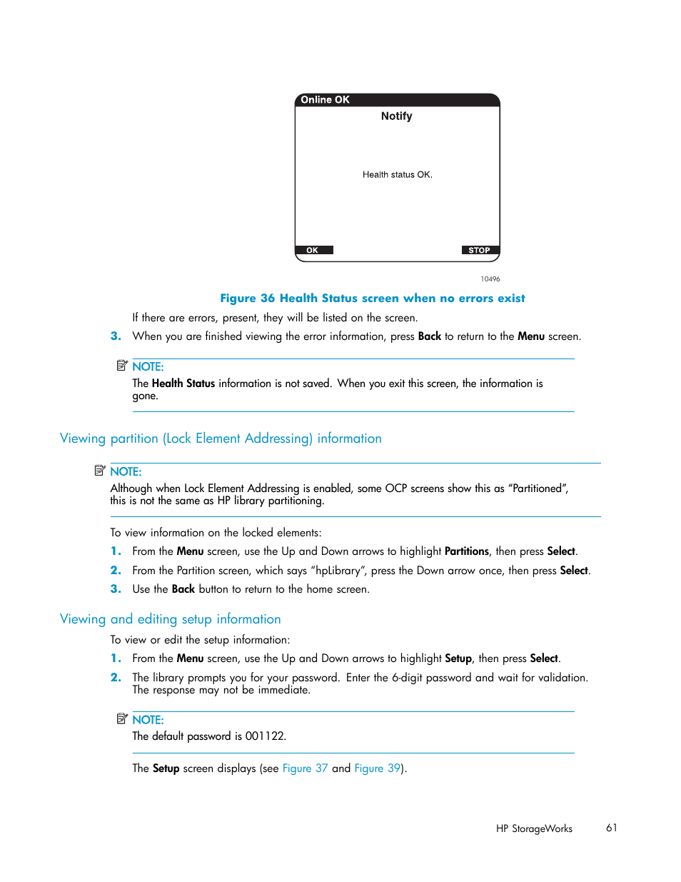 Viewing and editing setup information, 36 health status screen when no errors exist | HP ESL E-series Tape Libraries User Manual | Page 61 / 141