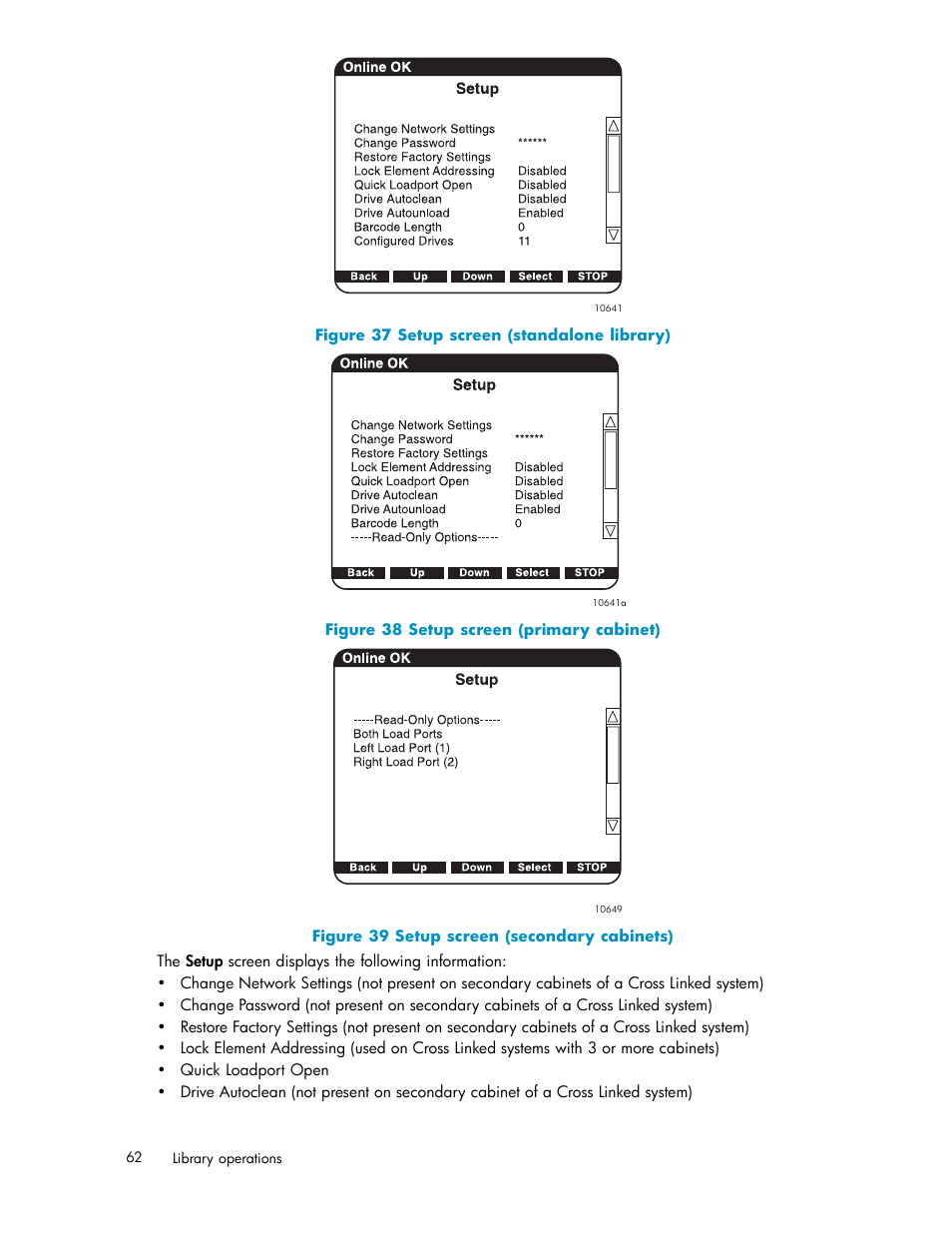 37 setup screen (standalone library), 38 setup screen (primary cabinet), 39 setup screen (secondary cabinets) | HP ESL E-series Tape Libraries User Manual | Page 62 / 141