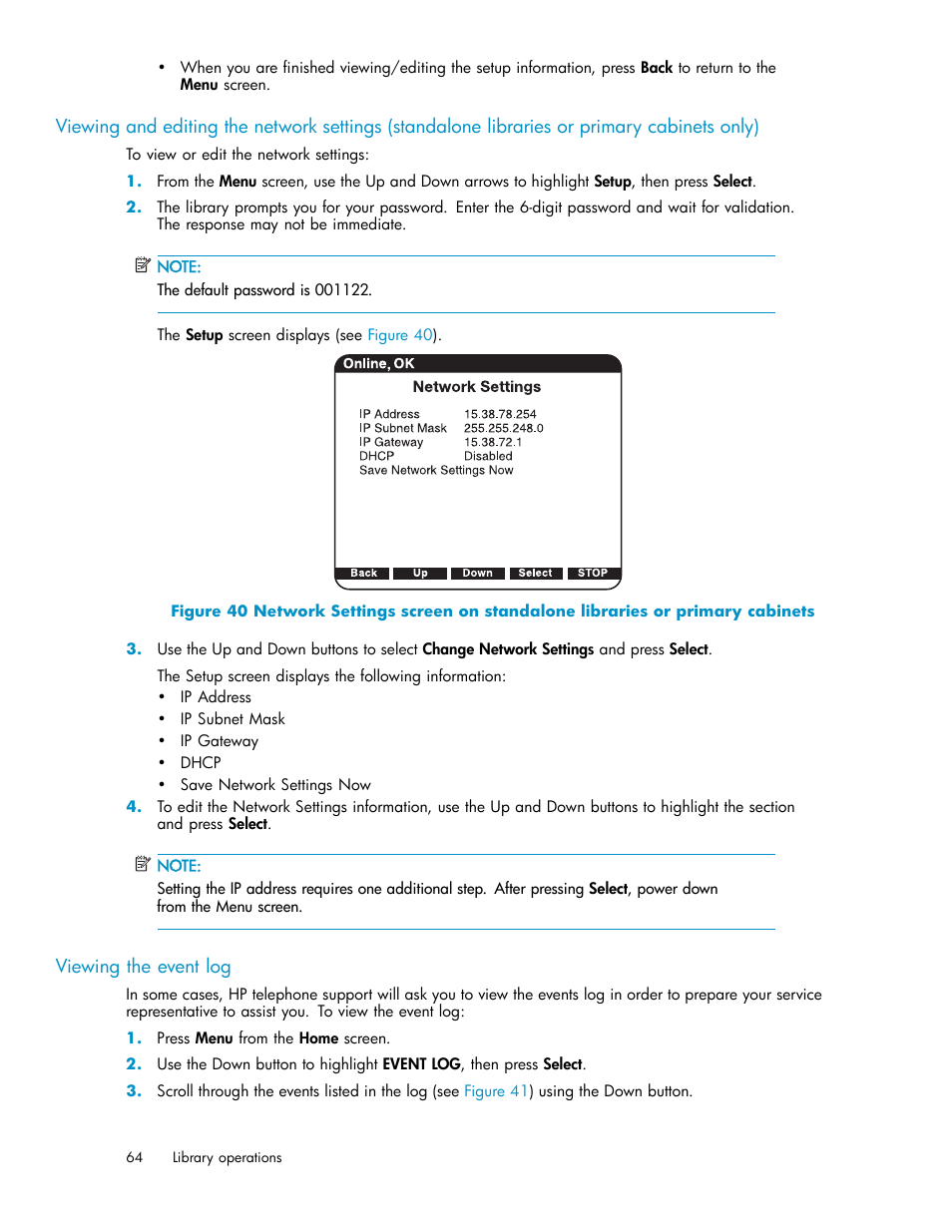 Viewing the event log | HP ESL E-series Tape Libraries User Manual | Page 64 / 141