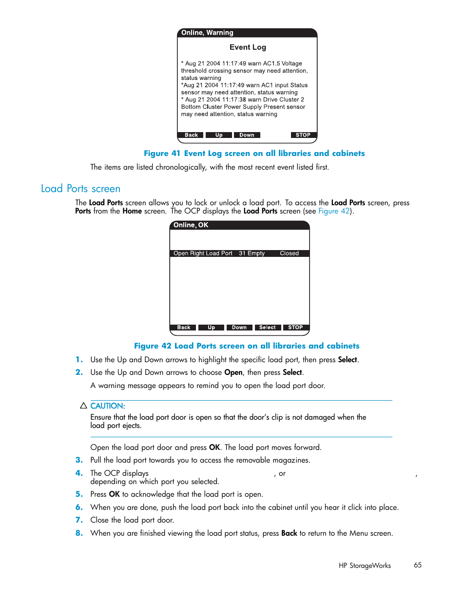 Load ports screen, 41 event log screen on all libraries and cabinets, 42 load ports screen on all libraries and cabinets | HP ESL E-series Tape Libraries User Manual | Page 65 / 141