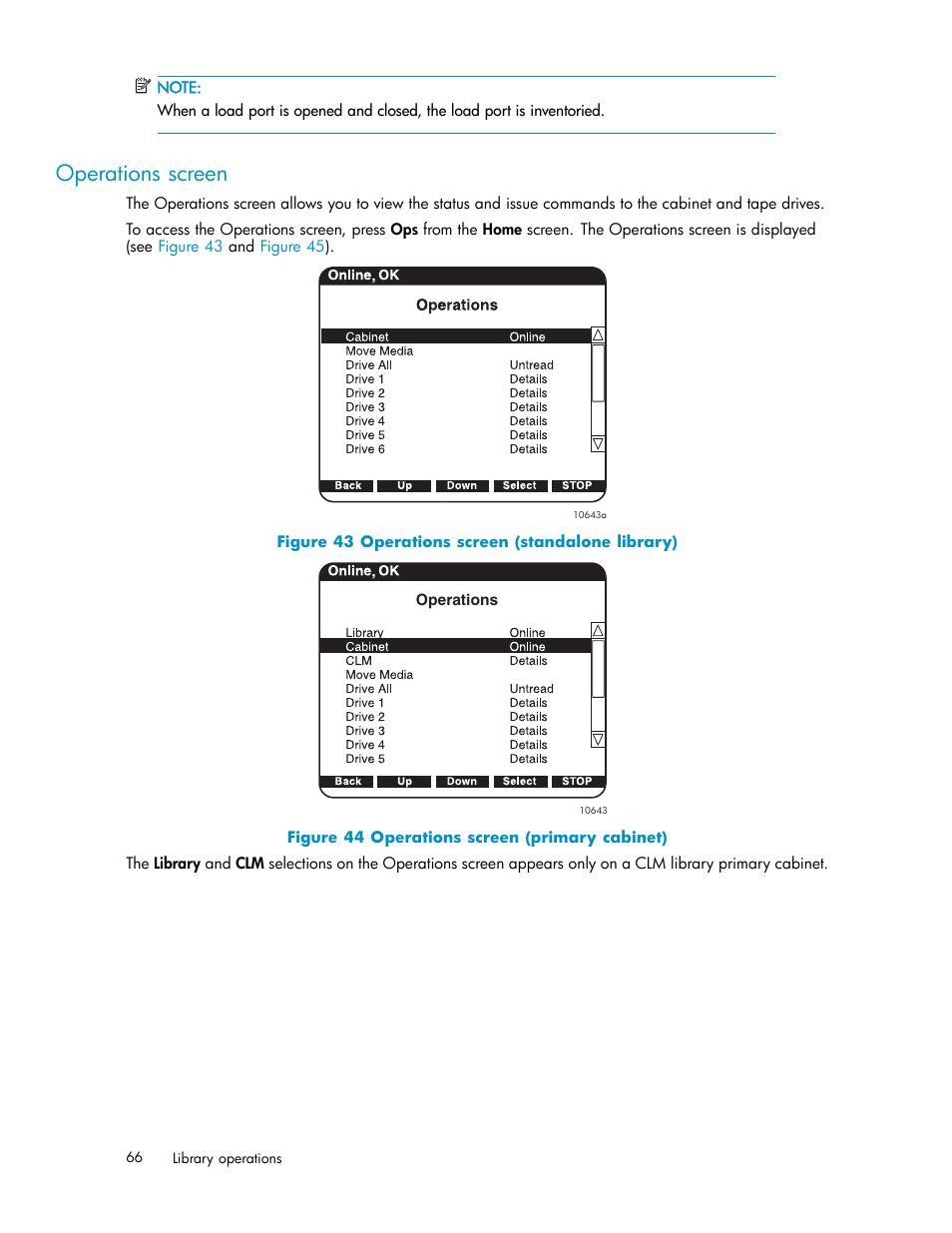 Operations screen, 43 operations screen (standalone library), 44 operations screen (primary cabinet) | HP ESL E-series Tape Libraries User Manual | Page 66 / 141