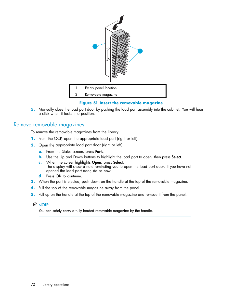 Remove removable magazines, 51 insert the removable magazine, Figure 51 | HP ESL E-series Tape Libraries User Manual | Page 72 / 141