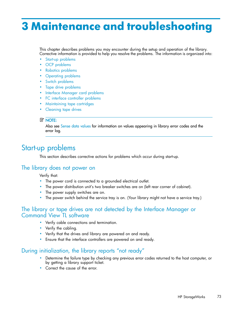 3 maintenance and troubleshooting, Start-up problems, The library does not power on | HP ESL E-series Tape Libraries User Manual | Page 73 / 141