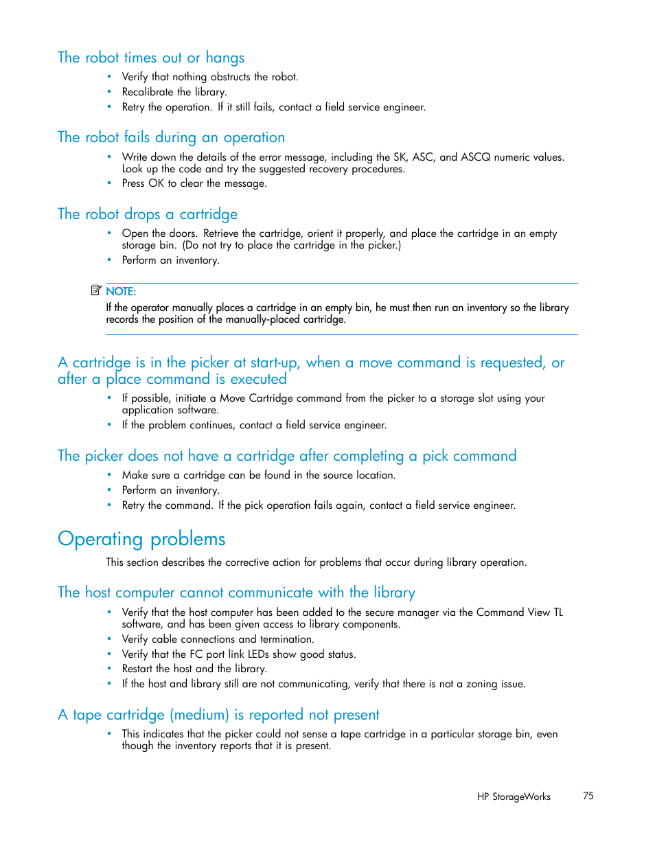 The robot times out or hangs, The robot fails during an operation, The robot drops a cartridge | Operating problems, A tape cartridge (medium) is reported not present, Is executed | HP ESL E-series Tape Libraries User Manual | Page 75 / 141