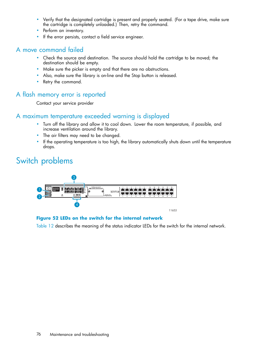 A move command failed, A flash memory error is reported, Switch problems | 52 leds on the switch for the internal network | HP ESL E-series Tape Libraries User Manual | Page 76 / 141