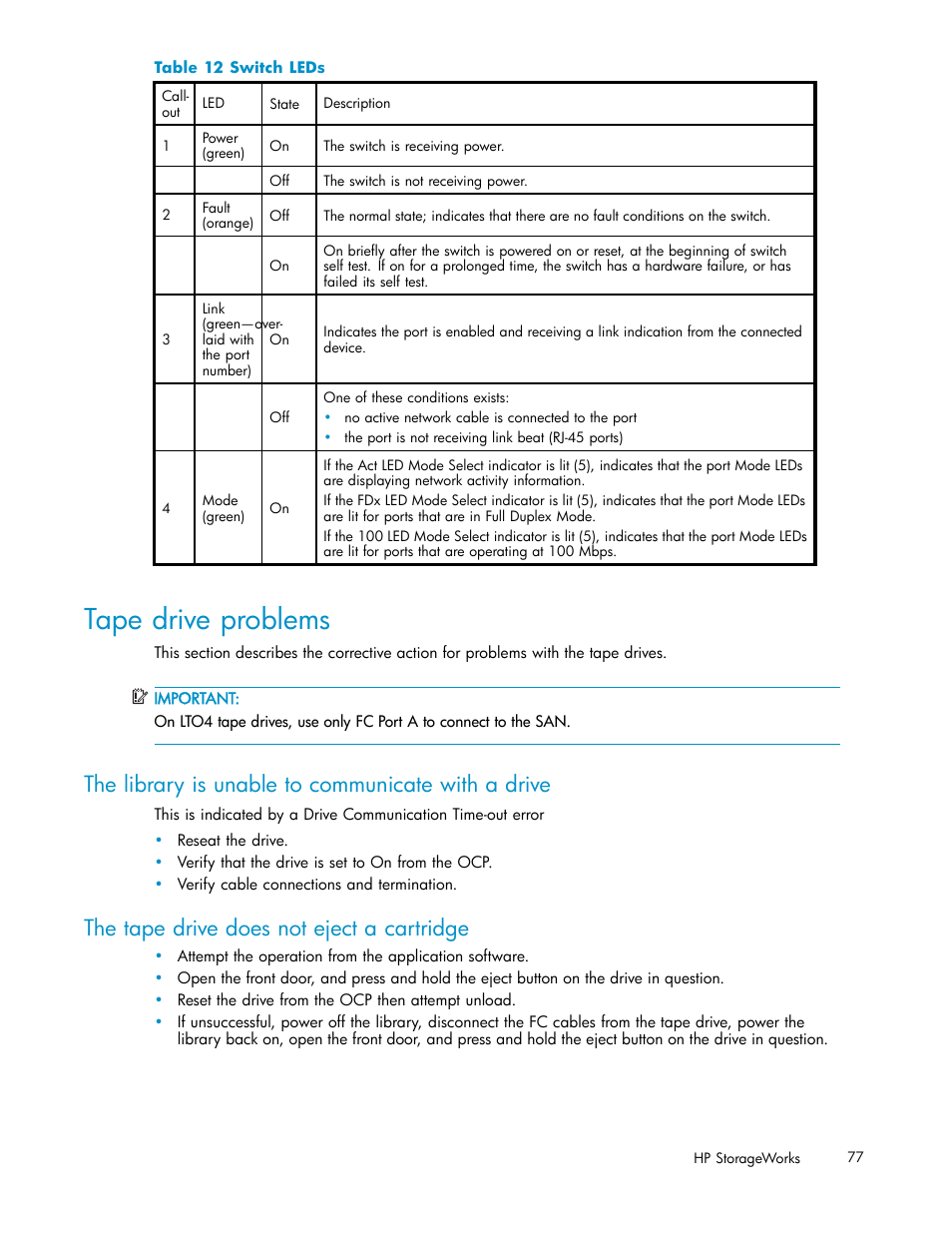 Tape drive problems, The library is unable to communicate with a drive, The tape drive does not eject a cartridge | 12 switch leds | HP ESL E-series Tape Libraries User Manual | Page 77 / 141