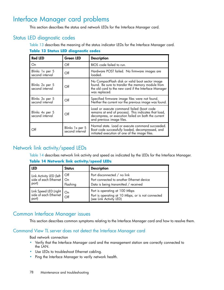 Interface manager card problems, Status led diagnostic codes, Network link activity/speed leds | Common interface manager issues, 13 status led diagnostic codes, 14 network link activity/speed leds | HP ESL E-series Tape Libraries User Manual | Page 78 / 141