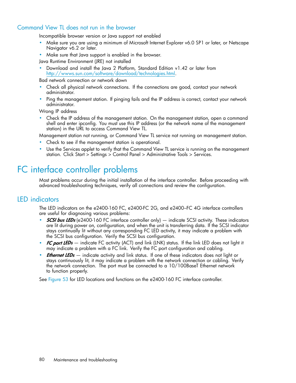 Fc interface controller problems, Led indicators, Command view tl does not run in the browser | HP ESL E-series Tape Libraries User Manual | Page 80 / 141