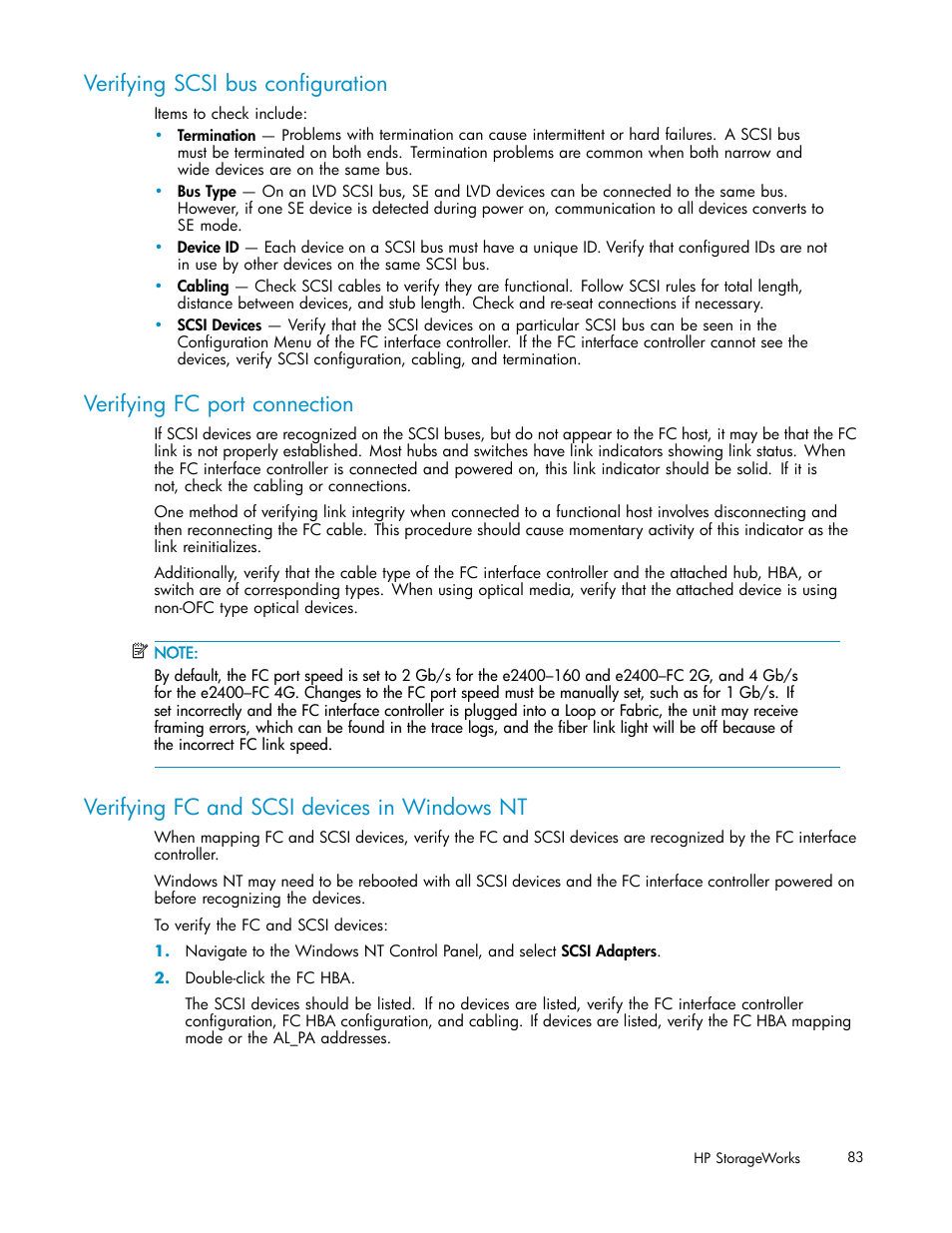 Verifying scsi bus configuration, Verifying fc port connection, Verifying fc and scsi devices in windows nt | HP ESL E-series Tape Libraries User Manual | Page 83 / 141