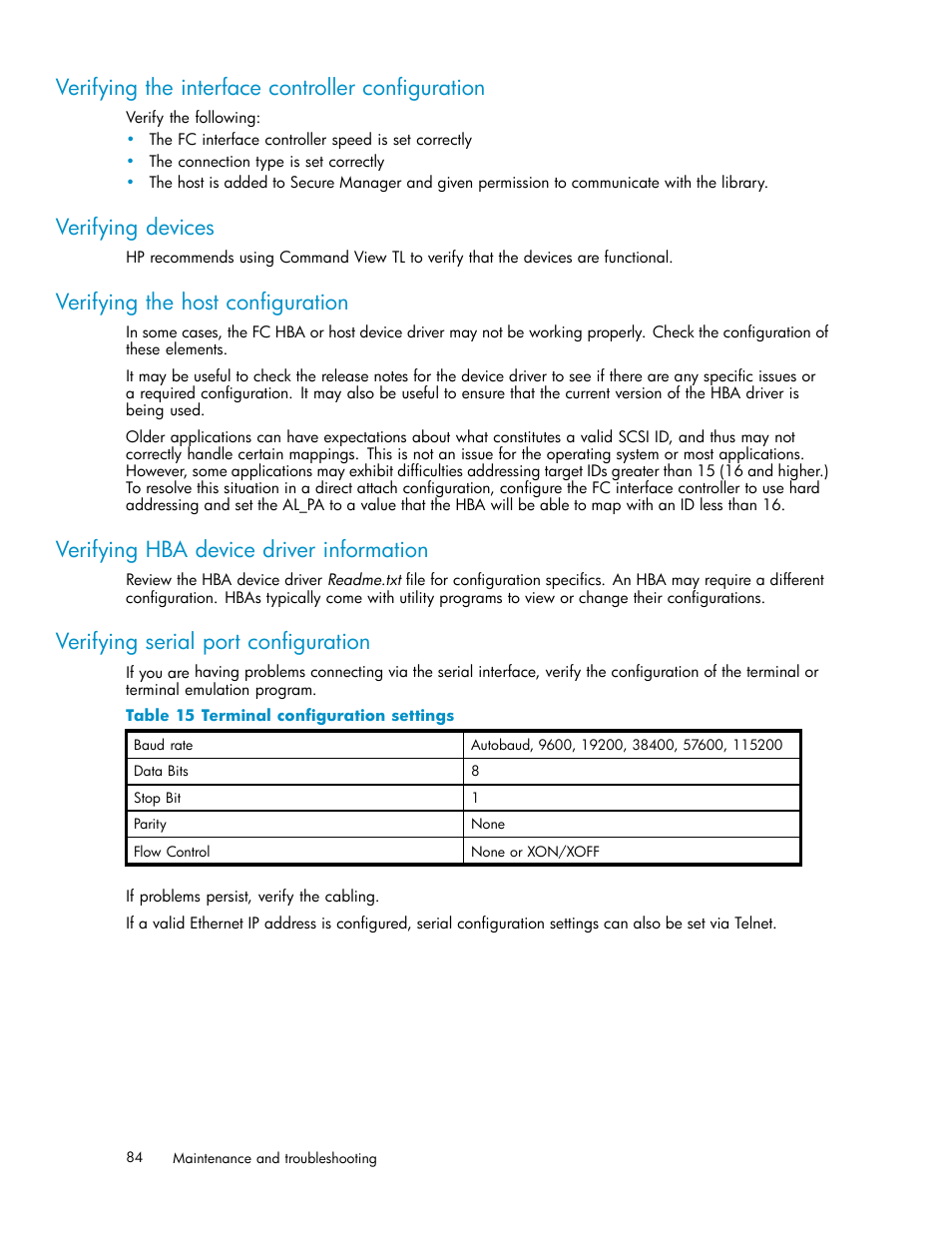 Verifying the interface controller configuration, Verifying devices, Verifying the host configuration | Verifying hba device driver information, Verifying serial port configuration, 15 terminal configuration settings | HP ESL E-series Tape Libraries User Manual | Page 84 / 141