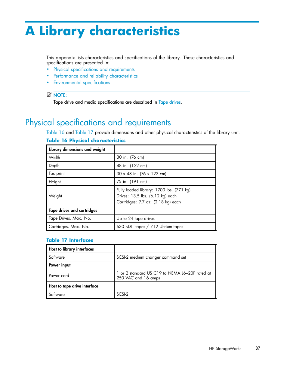 A library characteristics, Physical specifications and requirements, 16 physical characteristics | 17 interfaces | HP ESL E-series Tape Libraries User Manual | Page 87 / 141