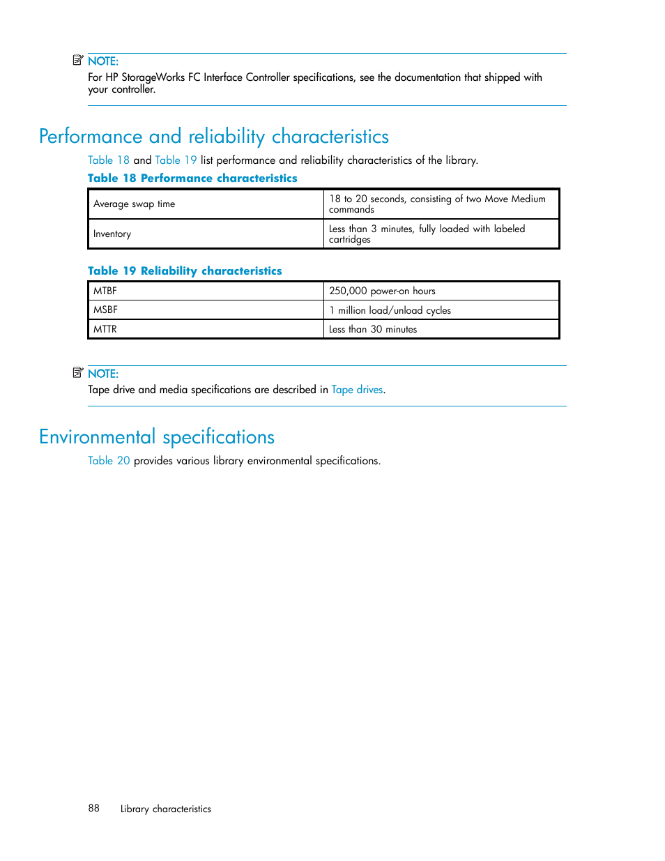 Performance and reliability characteristics, Environmental specifications, 18 performance characteristics | 19 reliability characteristics | HP ESL E-series Tape Libraries User Manual | Page 88 / 141
