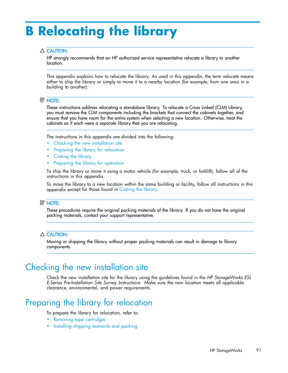 B relocating the library, Checking the new installation site, Preparing the library for relocation | HP ESL E-series Tape Libraries User Manual | Page 91 / 141