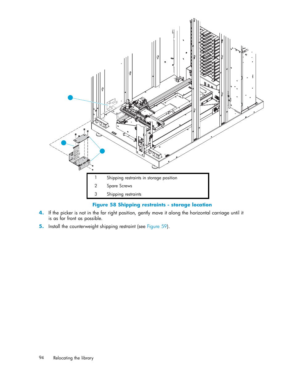 58 shipping restraints - storage location | HP ESL E-series Tape Libraries User Manual | Page 94 / 141