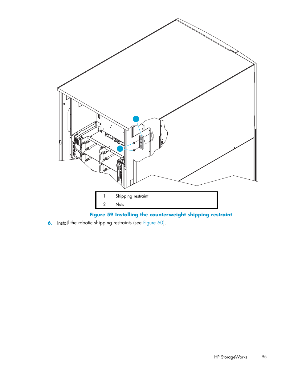 59 installing the counterweight shipping restraint | HP ESL E-series Tape Libraries User Manual | Page 95 / 141