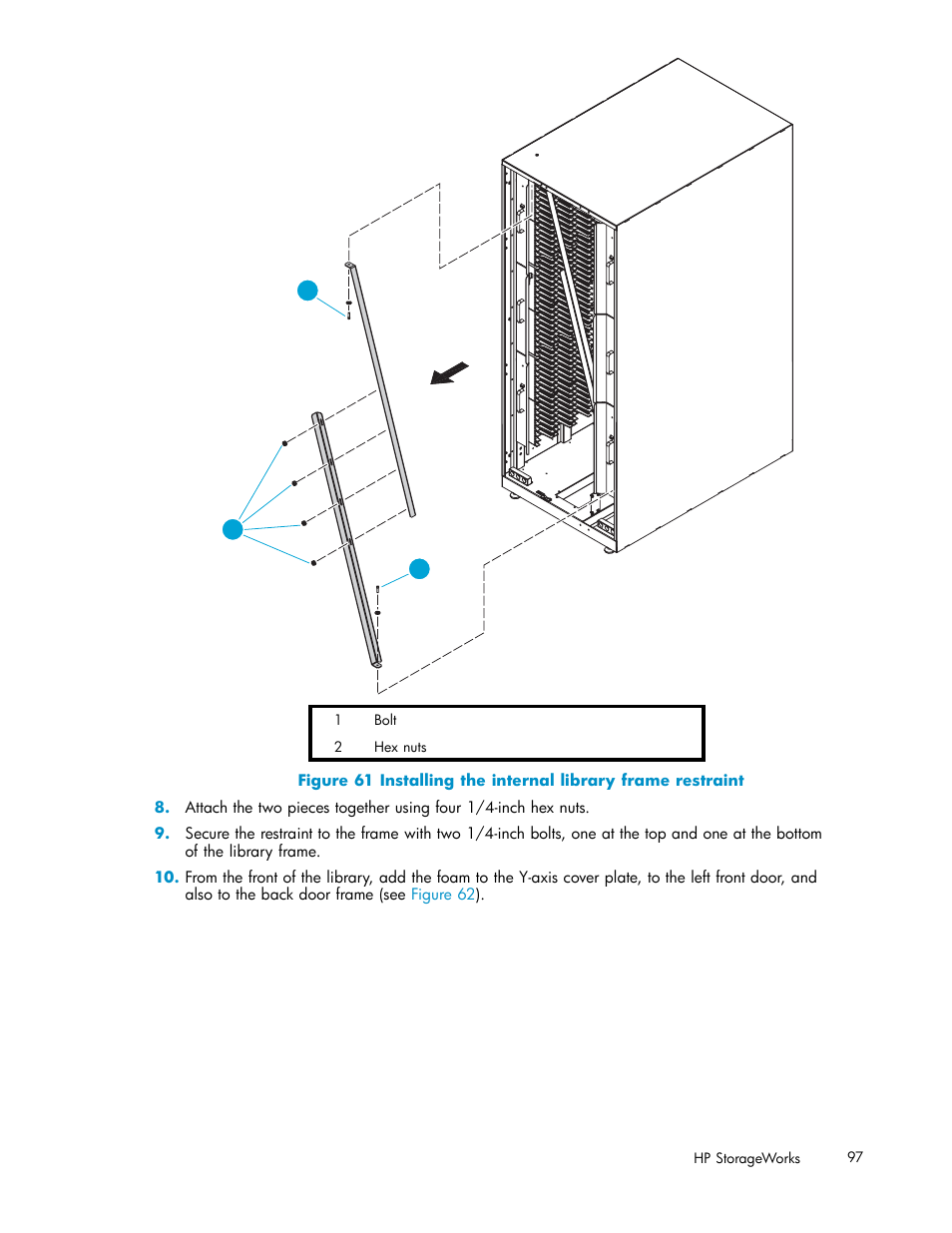 61 installing the internal library frame restraint | HP ESL E-series Tape Libraries User Manual | Page 97 / 141