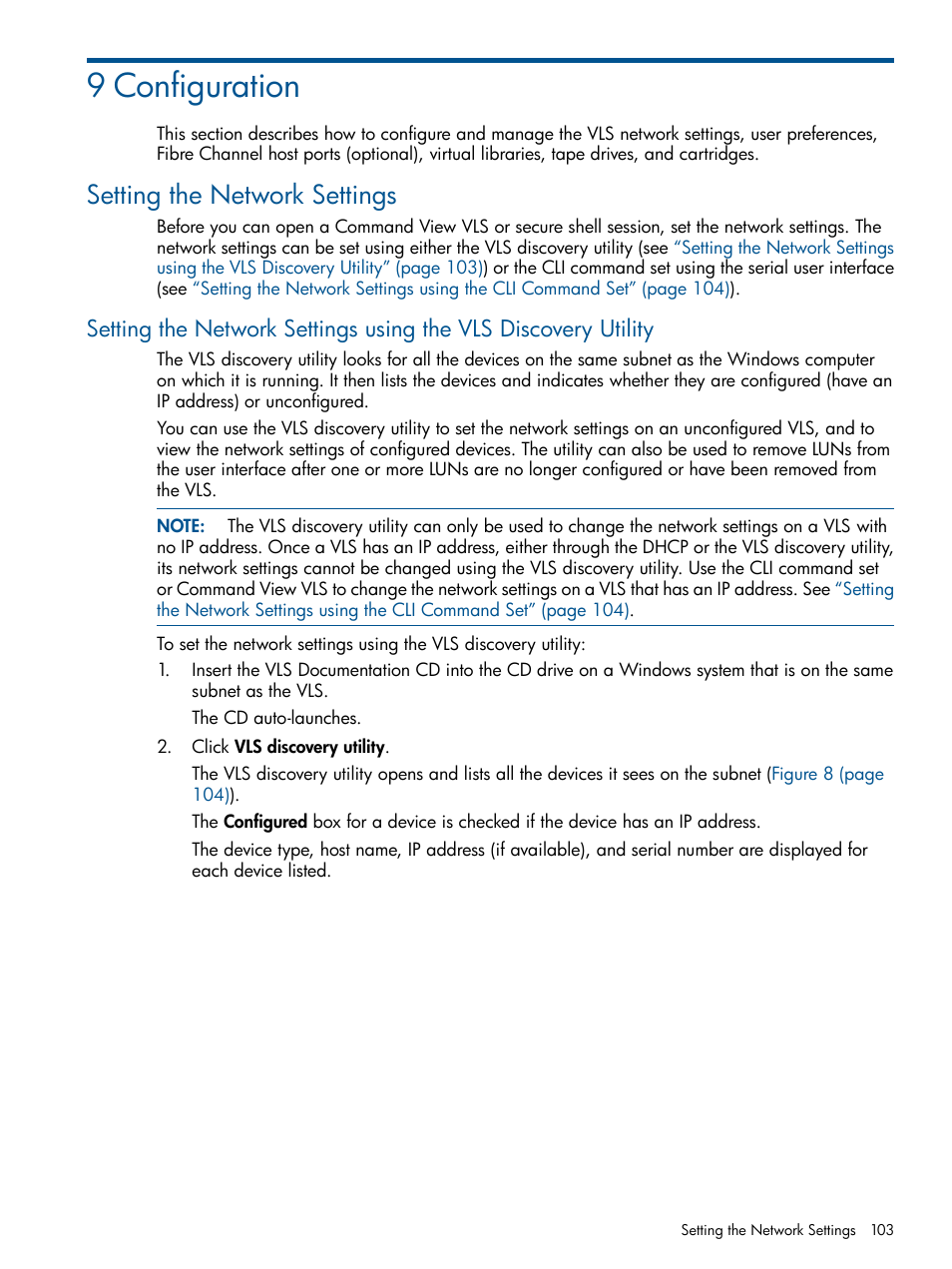 9 configuration, Setting the network settings, Setting the | Network settings | HP 9000 Virtual Library System User Manual | Page 103 / 258