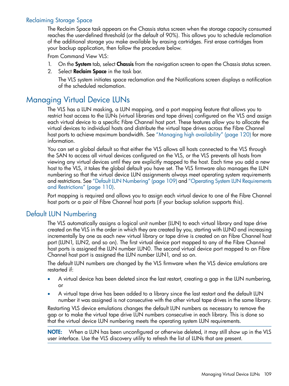 Reclaiming storage space, Managing virtual device luns, Default lun numbering | HP 9000 Virtual Library System User Manual | Page 109 / 258