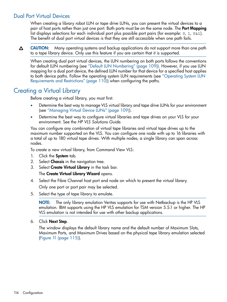 Dual port virtual devices, Creating a virtual library | HP 9000 Virtual Library System User Manual | Page 114 / 258