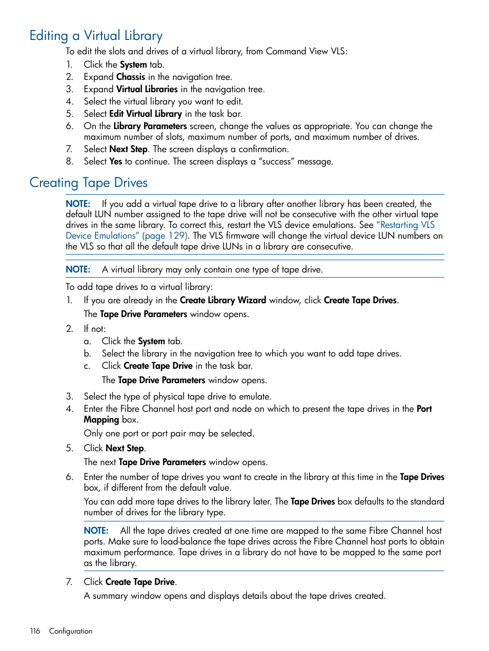 Editing a virtual library, Creating tape drives, Editing a virtual library creating tape drives | Creating | HP 9000 Virtual Library System User Manual | Page 116 / 258