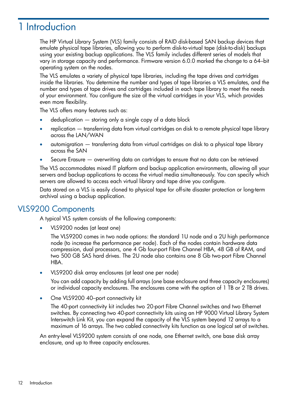 1 introduction, Vls9200 components | HP 9000 Virtual Library System User Manual | Page 12 / 258