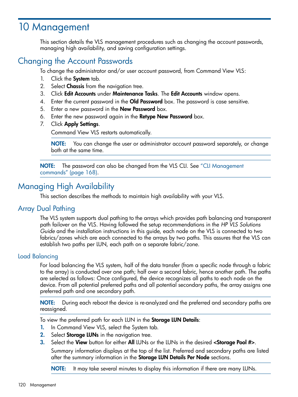 10 management, Changing the account passwords, Managing high availability | Array dual pathing, Load balancing | HP 9000 Virtual Library System User Manual | Page 120 / 258