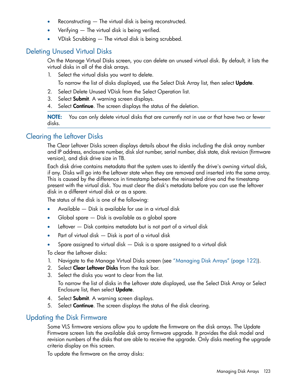 Deleting unused virtual disks, Clearing the leftover disks, Updating the disk firmware | HP 9000 Virtual Library System User Manual | Page 123 / 258