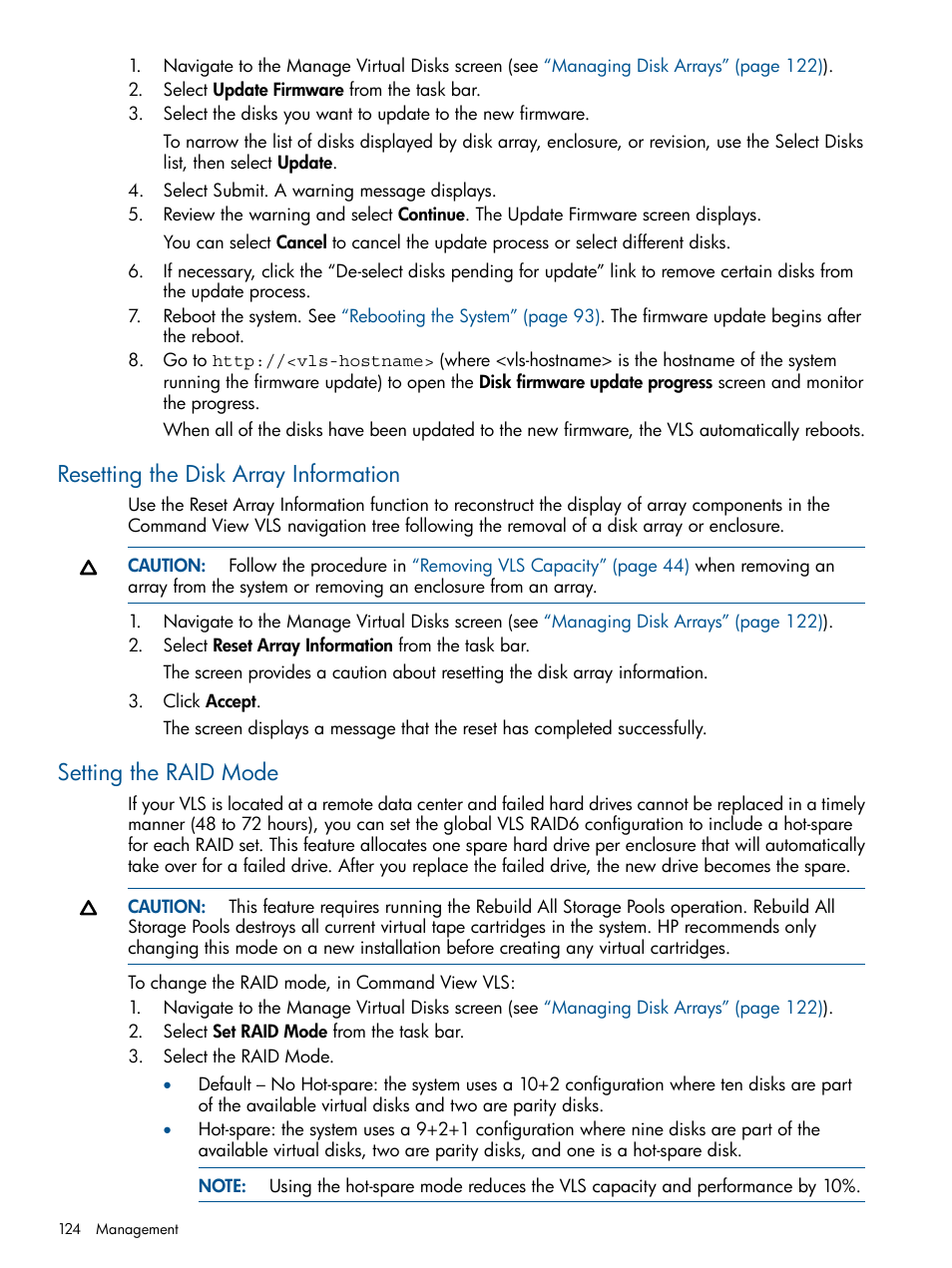 Resetting the disk array information, Setting the raid mode | HP 9000 Virtual Library System User Manual | Page 124 / 258