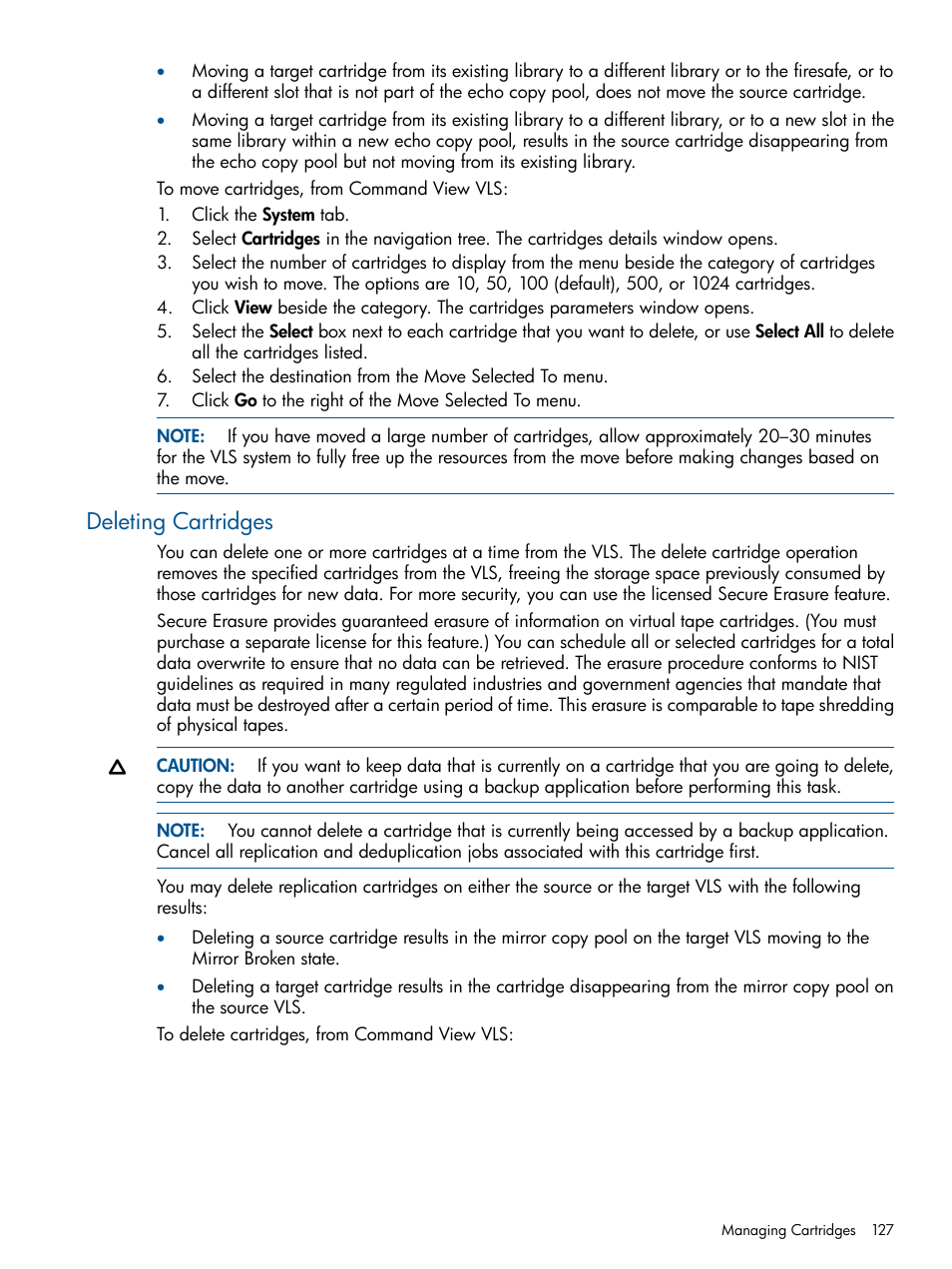 Deleting cartridges | HP 9000 Virtual Library System User Manual | Page 127 / 258