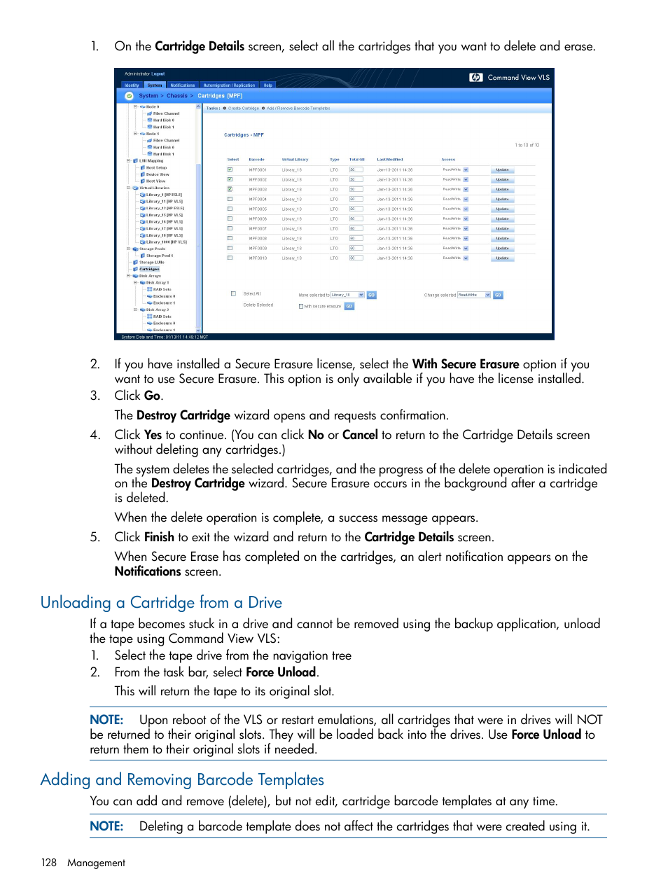Unloading a cartridge from a drive, Adding and removing barcode templates | HP 9000 Virtual Library System User Manual | Page 128 / 258