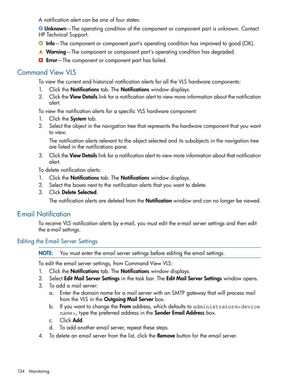 Command view vls, E-mail notification, Editing the email server settings | Command view vls e-mail notification | HP 9000 Virtual Library System User Manual | Page 134 / 258