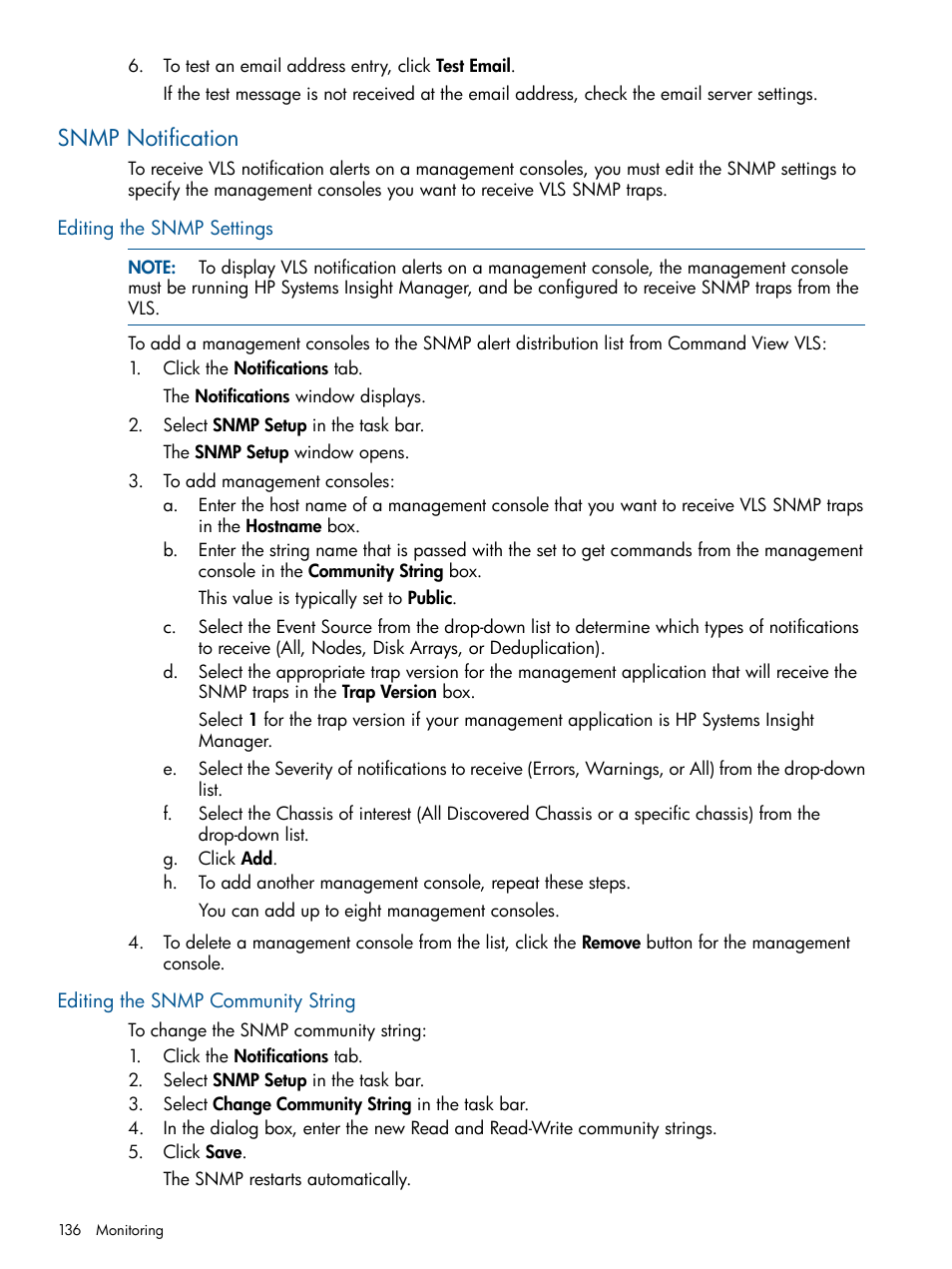 Snmp notification, Editing the snmp settings, Editing the snmp community string | HP 9000 Virtual Library System User Manual | Page 136 / 258
