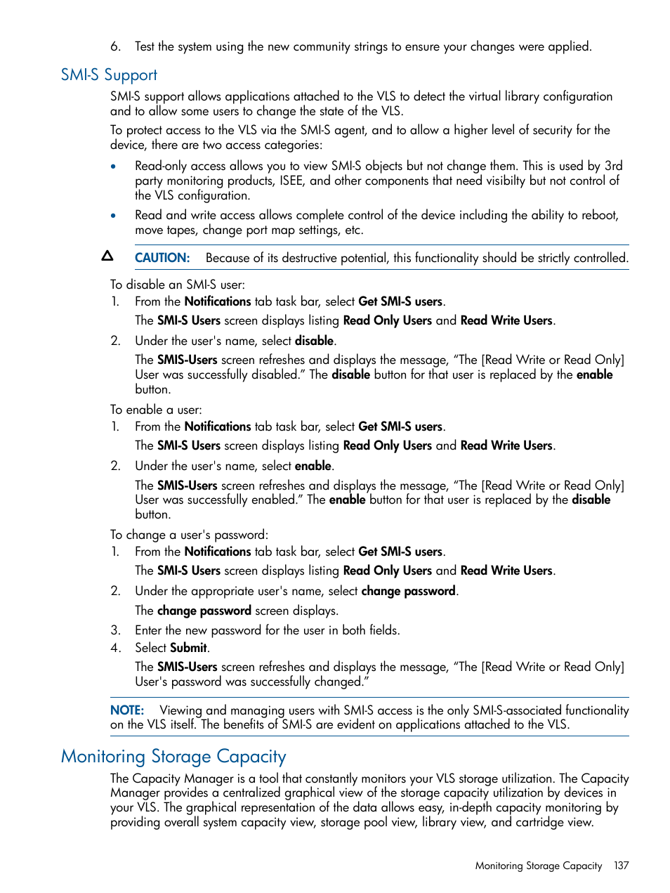 Smi-s support, Monitoring storage capacity | HP 9000 Virtual Library System User Manual | Page 137 / 258