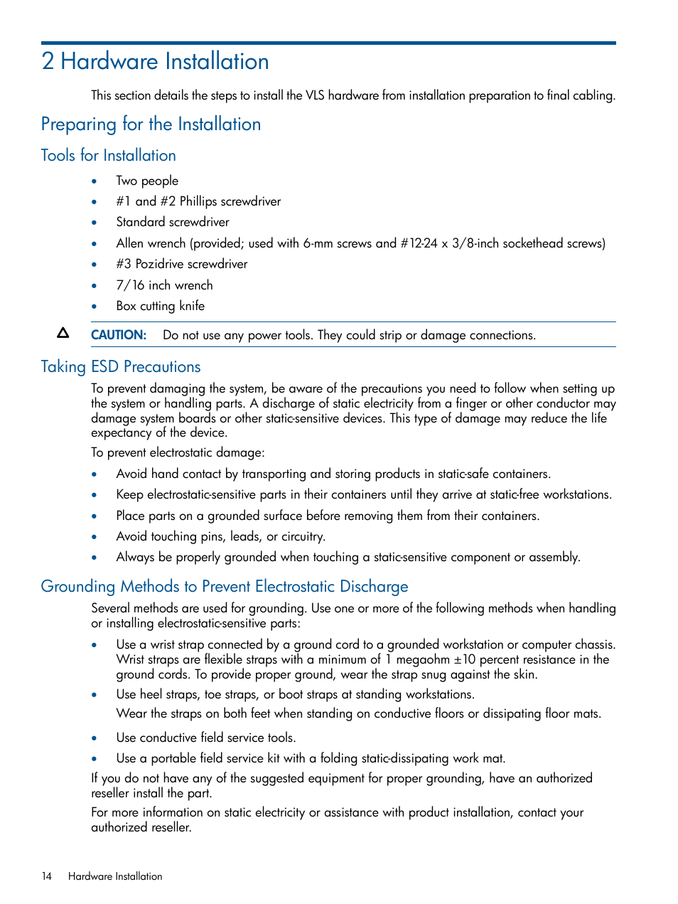 2 hardware installation, Preparing for the installation, Tools for installation | Taking esd precautions | HP 9000 Virtual Library System User Manual | Page 14 / 258