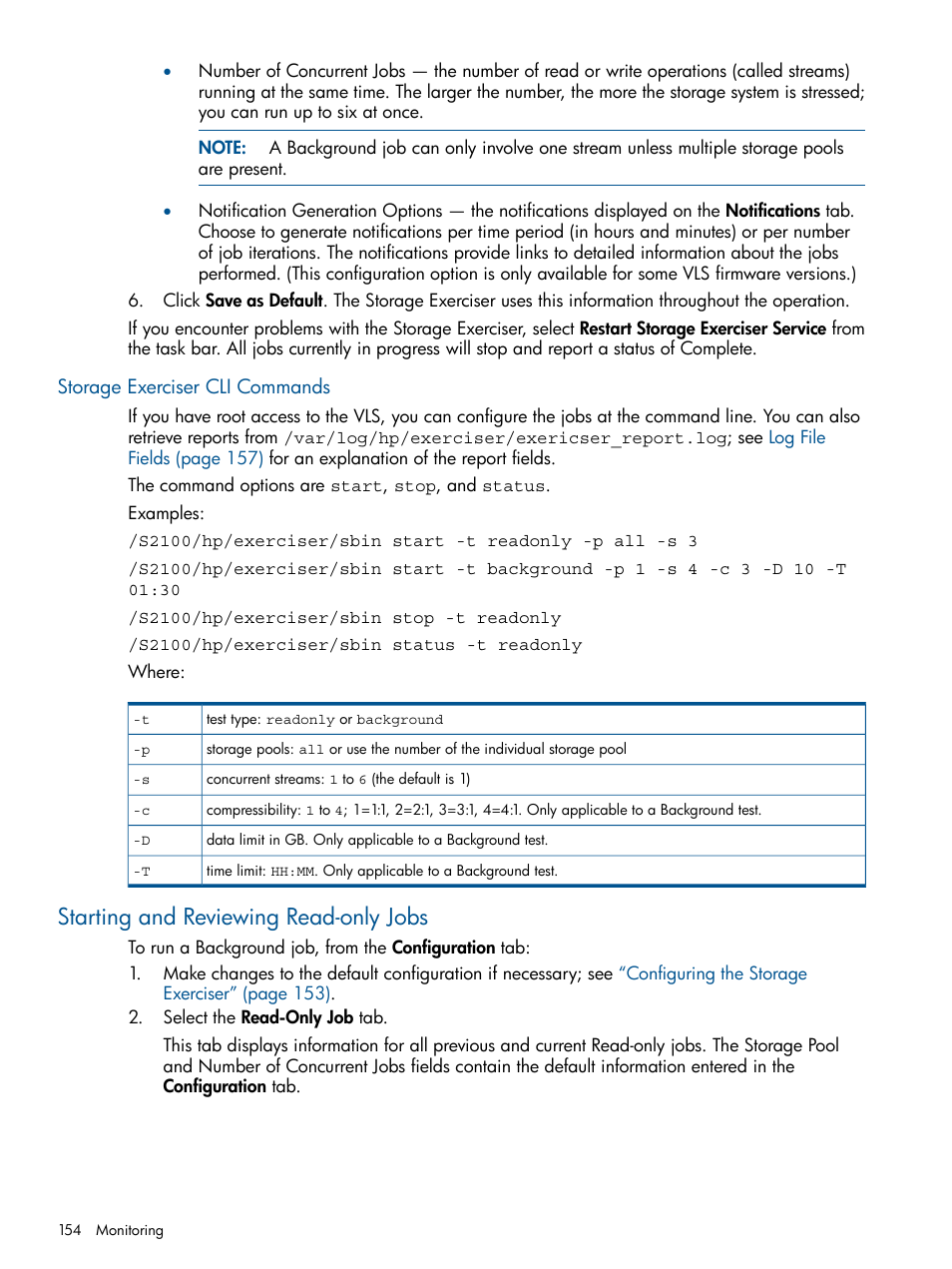 Storage exerciser cli commands, Starting and reviewing read-only jobs | HP 9000 Virtual Library System User Manual | Page 154 / 258