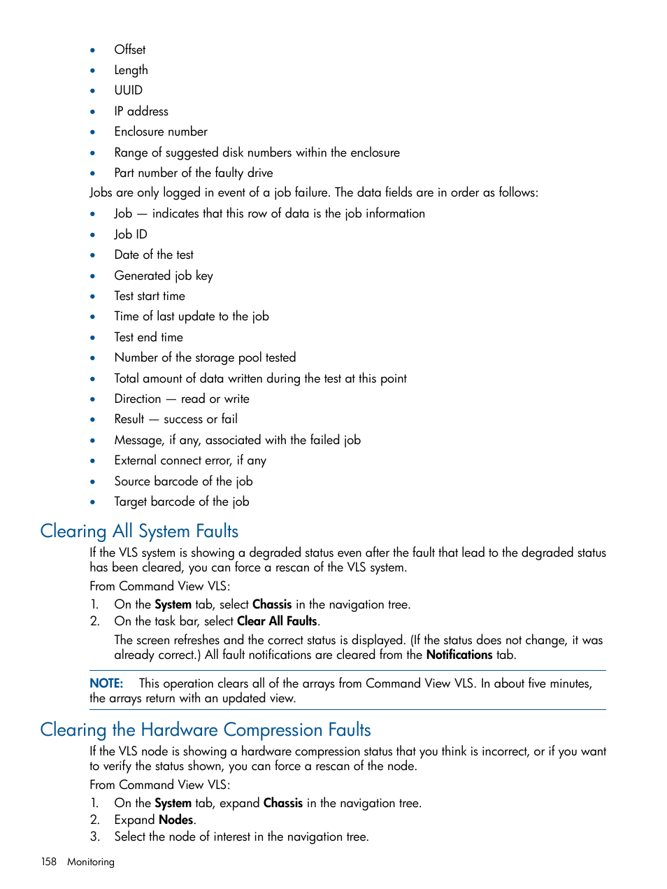 Clearing all system faults, Clearing the hardware compression faults | HP 9000 Virtual Library System User Manual | Page 158 / 258