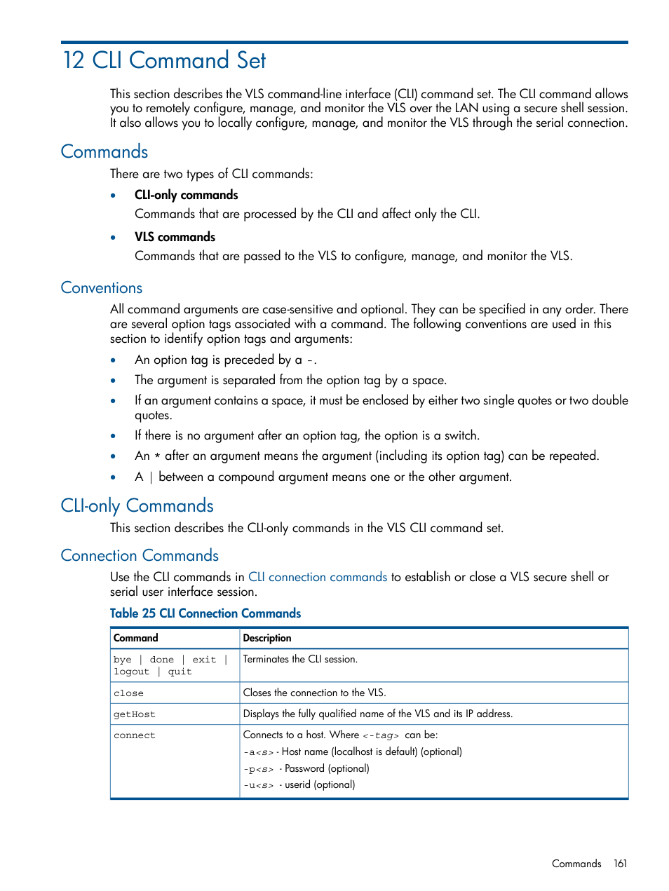 12 cli command set, Commands, Conventions | Cli-only commands, Connection commands | HP 9000 Virtual Library System User Manual | Page 161 / 258
