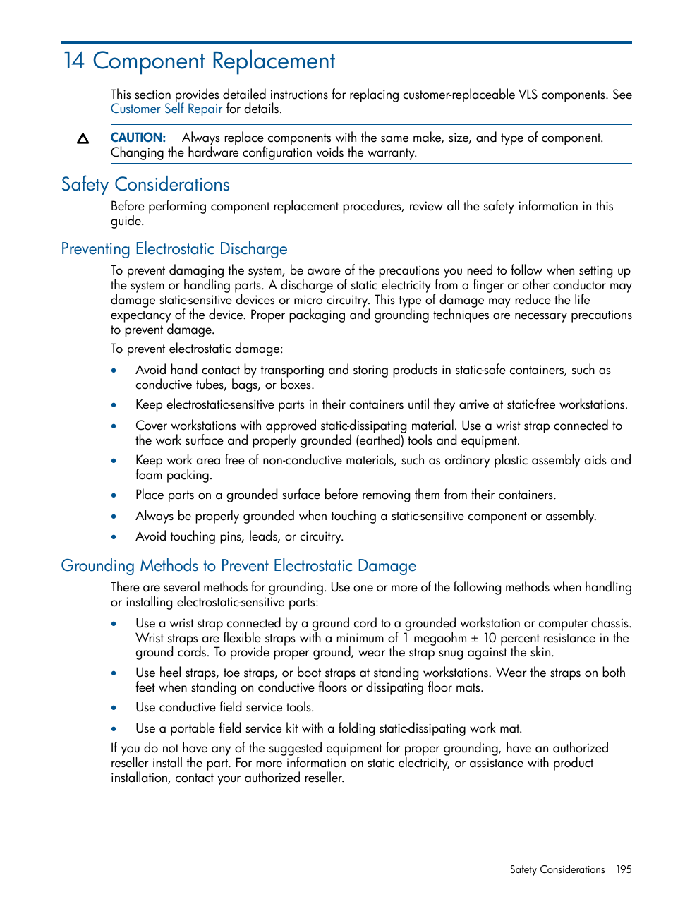 14 component replacement, Safety considerations, Preventing electrostatic discharge | Grounding methods to prevent electrostatic damage | HP 9000 Virtual Library System User Manual | Page 195 / 258