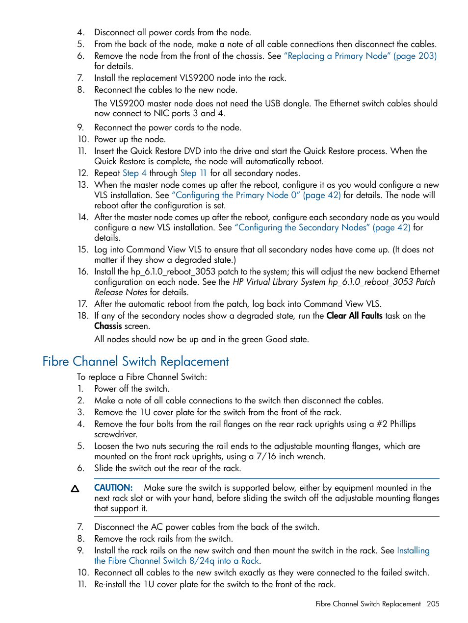 Fibre channel switch replacement | HP 9000 Virtual Library System User Manual | Page 205 / 258