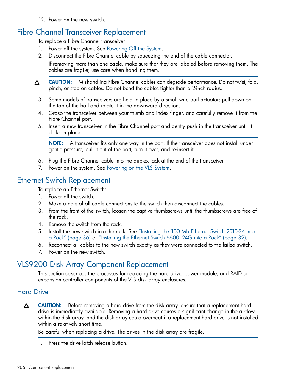 Fibre channel transceiver replacement, Ethernet switch replacement, Vls9200 disk array component replacement | Hard drive | HP 9000 Virtual Library System User Manual | Page 206 / 258